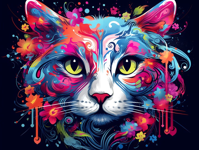 Colorful Cat Face Head Vivid Colors Pop Art Vector Illustrations Black Background (560)
