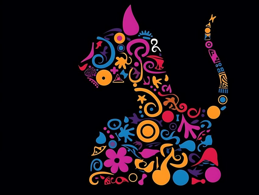 Colorful Cat Face Head Vivid Colors Pop Art Vector Illustrations Black Background (617)