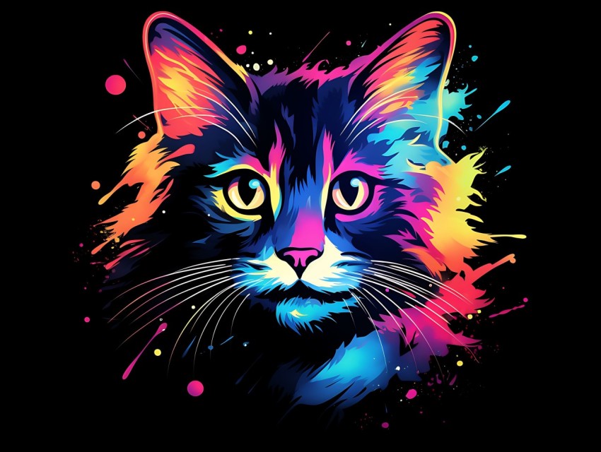 Colorful Cat Face Head Vivid Colors Pop Art Vector Illustrations Black Background (615)