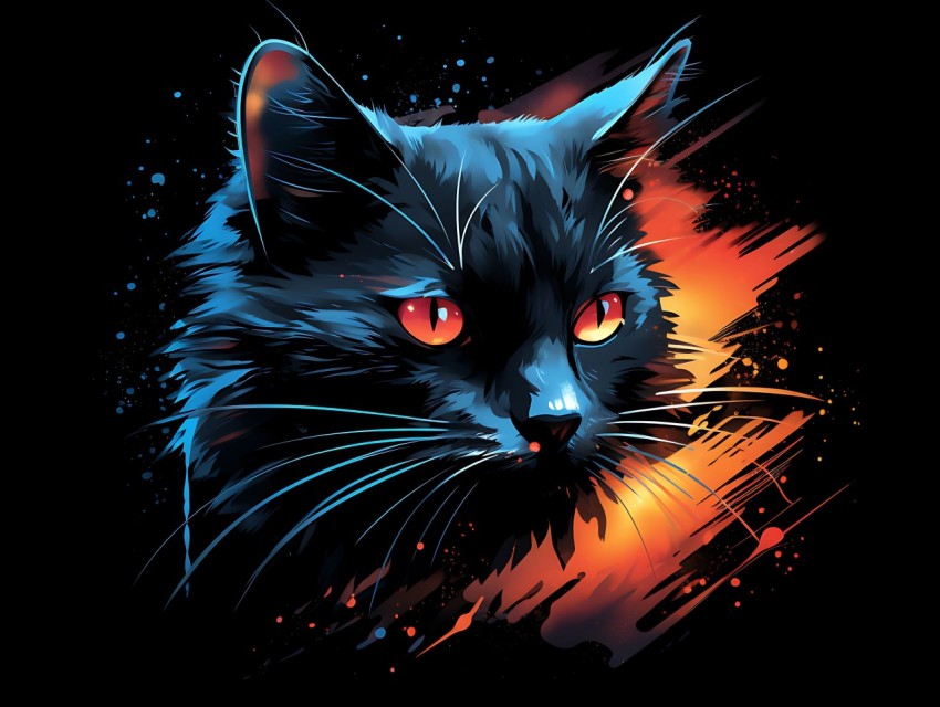 Colorful Cat Face Head Vivid Colors Pop Art Vector Illustrations Black Background (632)