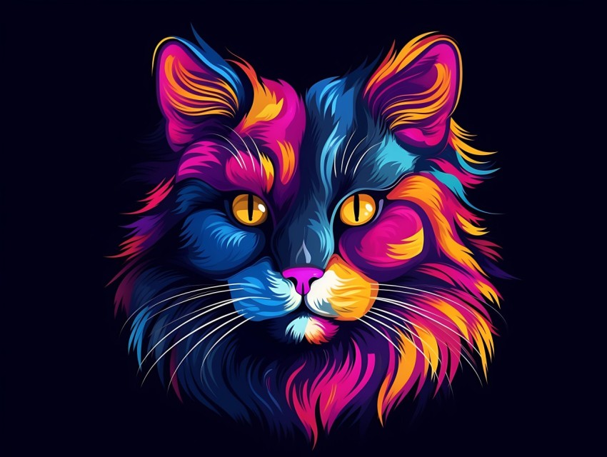 Colorful Cat Face Head Vivid Colors Pop Art Vector Illustrations Black Background (647)