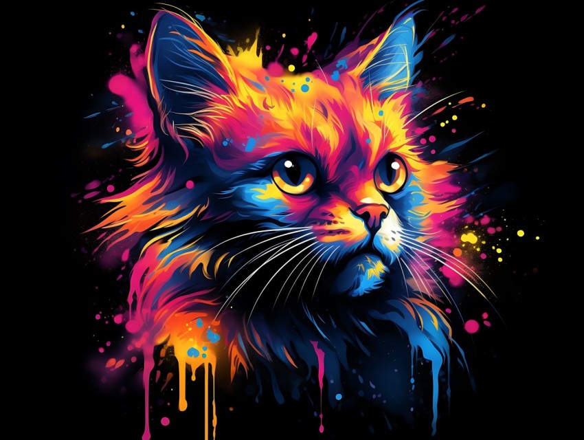 Colorful Cat Face Head Vivid Colors Pop Art Vector Illustrations Black Background (601)