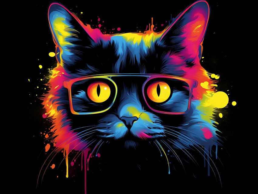 Colorful Cat Face Head Vivid Colors Pop Art Vector Illustrations Black Background (624)