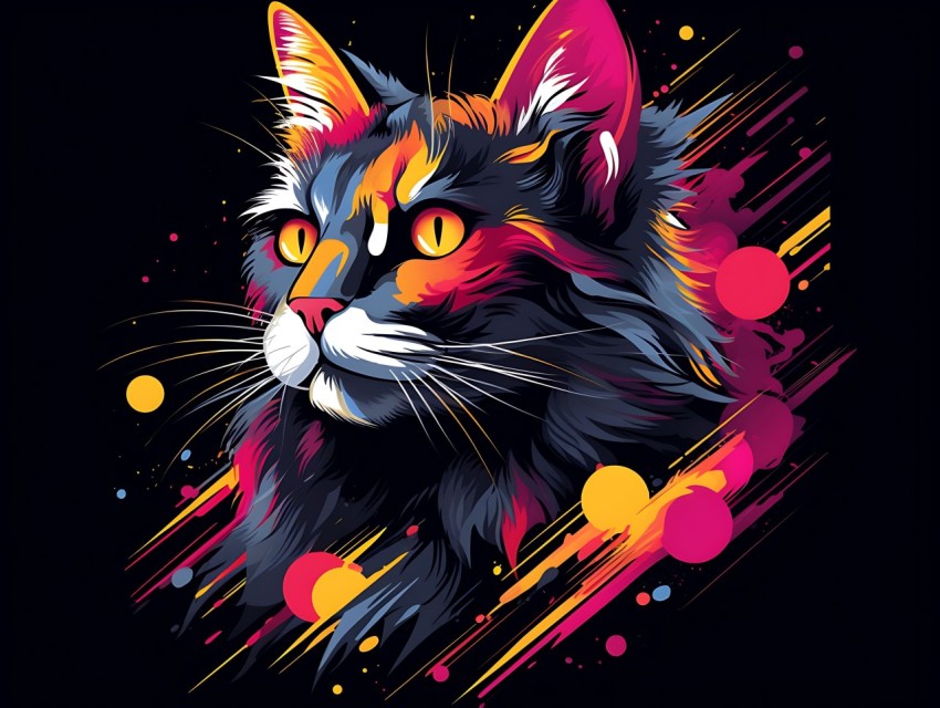 Colorful Cat Face Head Vivid Colors Pop Art Vector Illustrations Black Background (644)