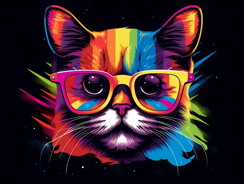Colorful Cat Face Head Vivid Colors Pop Art Vector Illustrations Black Background (635)