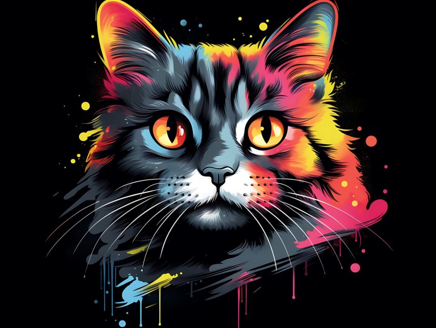 Colorful Cat Face Head Vivid Colors Pop Art Vector Illustrations Black Background (608)