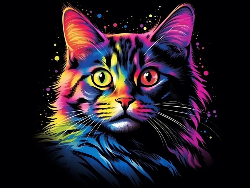 Colorful Cat Face Head Vivid Colors Pop Art Vector Illustrations Black Background (616)