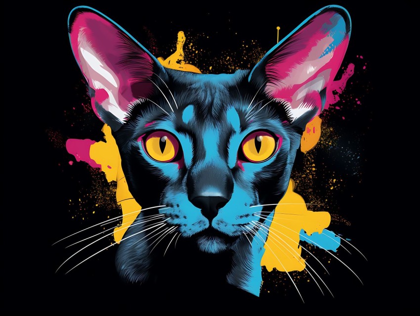 Colorful Cat Face Head Vivid Colors Pop Art Vector Illustrations Black Background (625)
