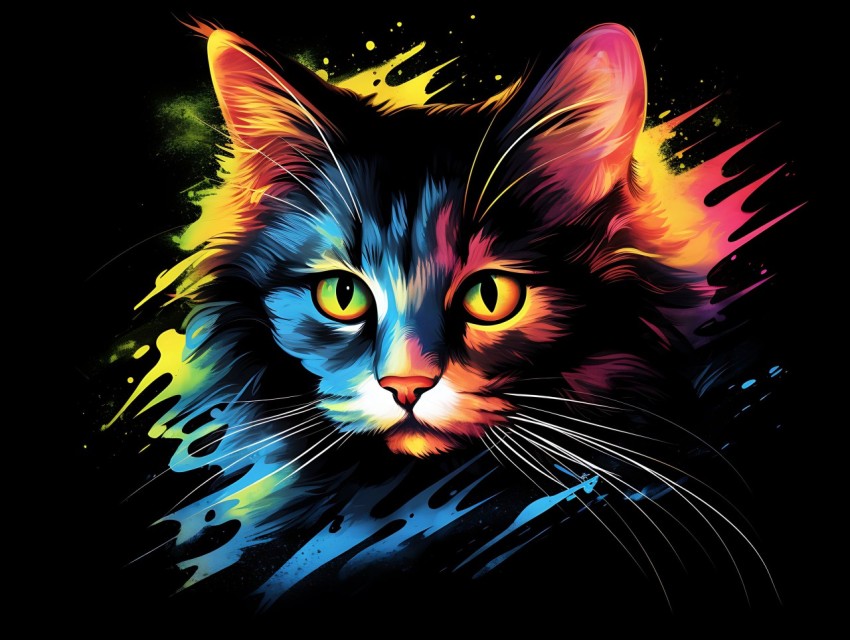 Colorful Cat Face Head Vivid Colors Pop Art Vector Illustrations Black Background (605)