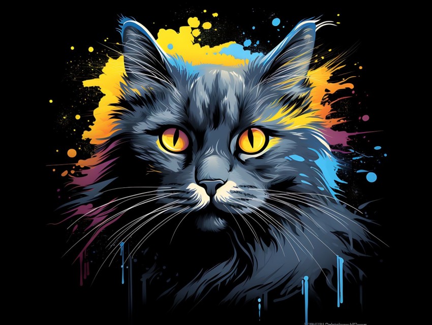 Colorful Cat Face Head Vivid Colors Pop Art Vector Illustrations Black Background (609)