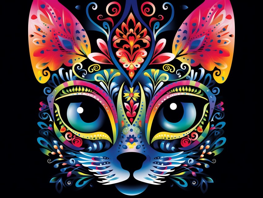 Colorful Cat Face Head Vivid Colors Pop Art Vector Illustrations Black Background (642)