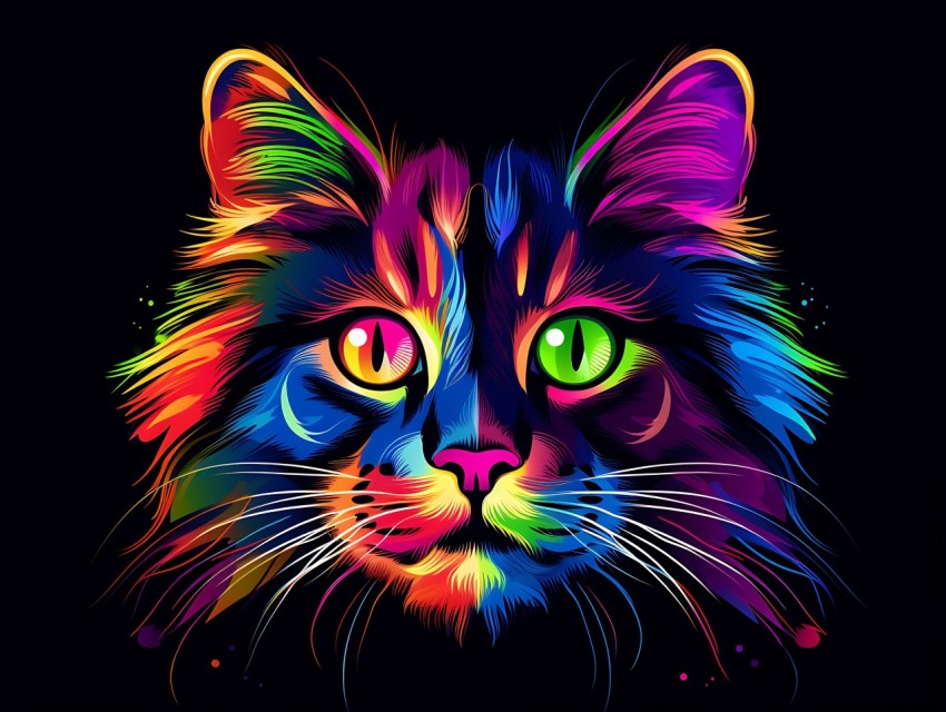 Colorful Cat Face Head Vivid Colors Pop Art Vector Illustrations Black Background (604)
