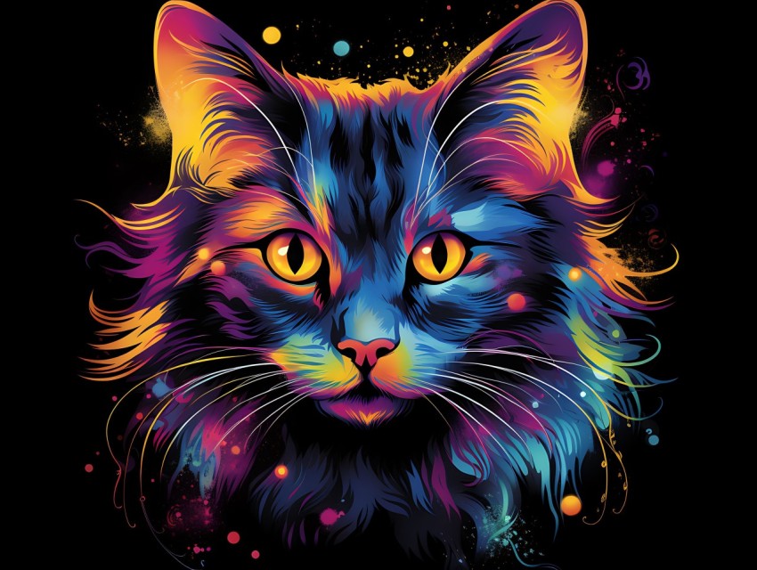 Colorful Cat Face Head Vivid Colors Pop Art Vector Illustrations Black Background (602)