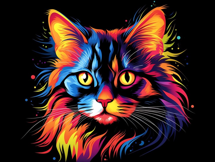 Colorful Cat Face Head Vivid Colors Pop Art Vector Illustrations Black Background (618)