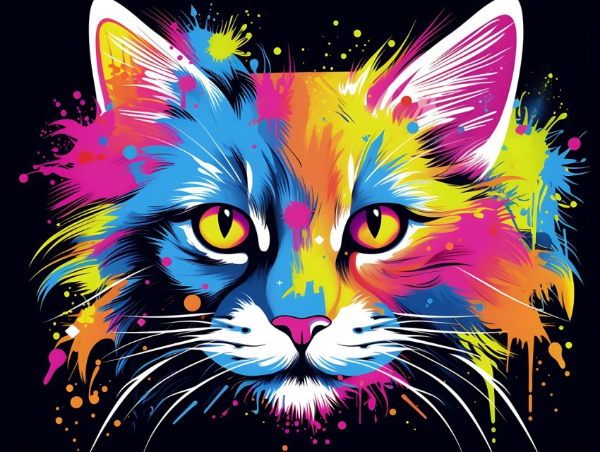 Colorful Cat Face Head Vivid Colors Pop Art Vector Illustrations Black Background (622)