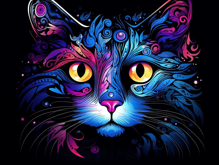 Colorful Cat Face Head Vivid Colors Pop Art Vector Illustrations Black Background (626)