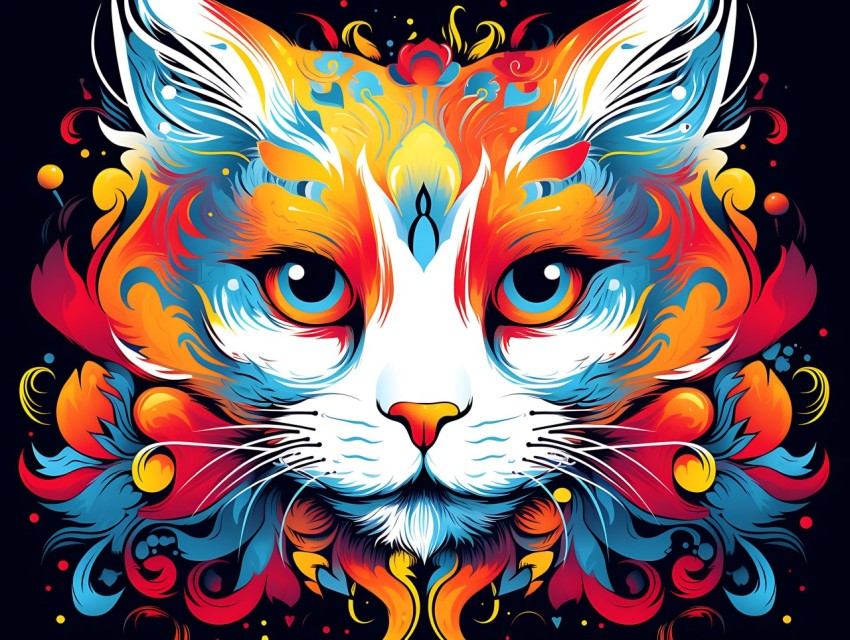 Colorful Cat Face Head Vivid Colors Pop Art Vector Illustrations Black Background (650)