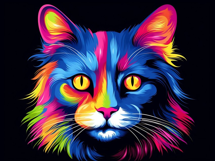 Colorful Cat Face Head Vivid Colors Pop Art Vector Illustrations Black Background (621)
