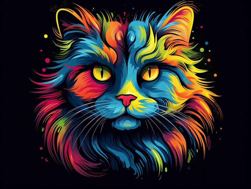 Colorful Cat Face Head Vivid Colors Pop Art Vector Illustrations Black Background (639)