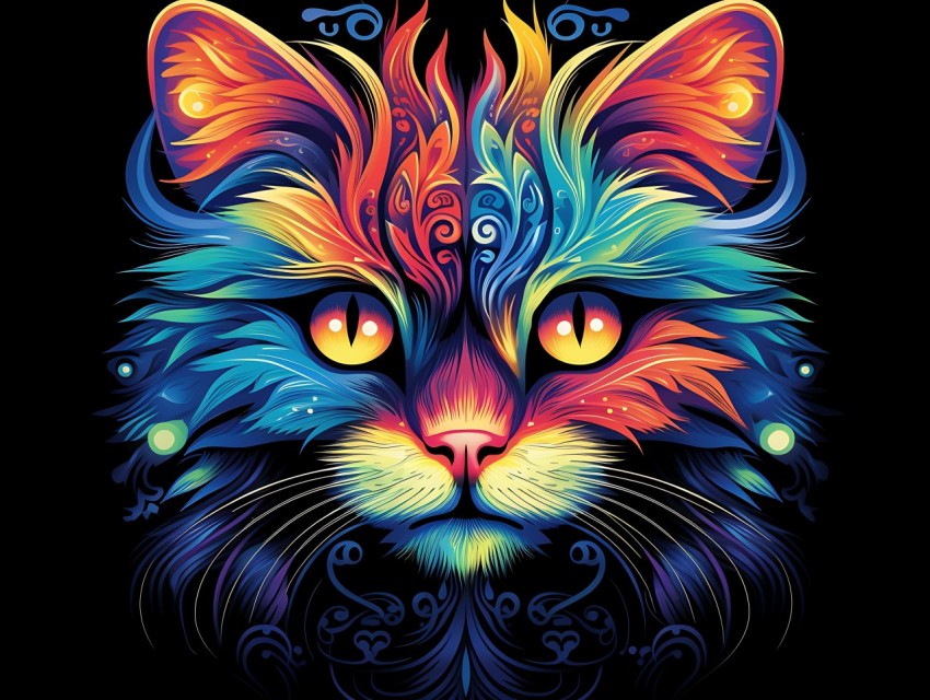 Colorful Cat Face Head Vivid Colors Pop Art Vector Illustrations Black Background (648)