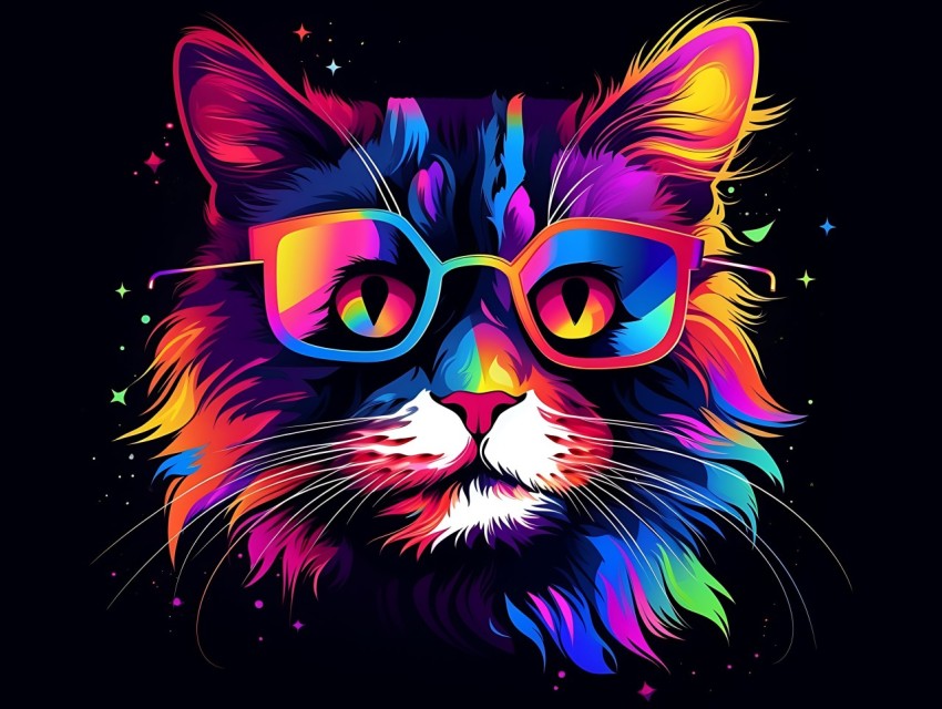 Colorful Cat Face Head Vivid Colors Pop Art Vector Illustrations Black Background (627)