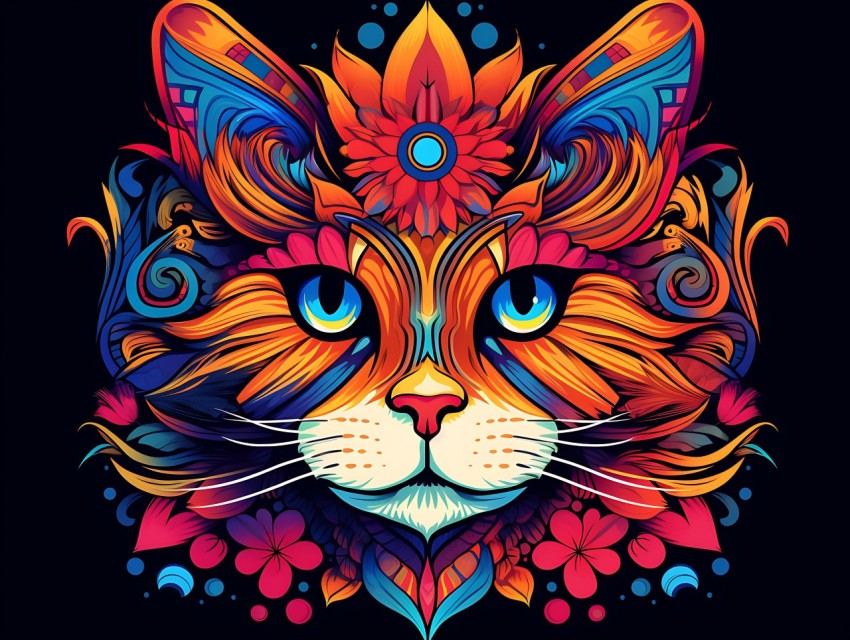 Colorful Cat Face Head Vivid Colors Pop Art Vector Illustrations Black Background (638)