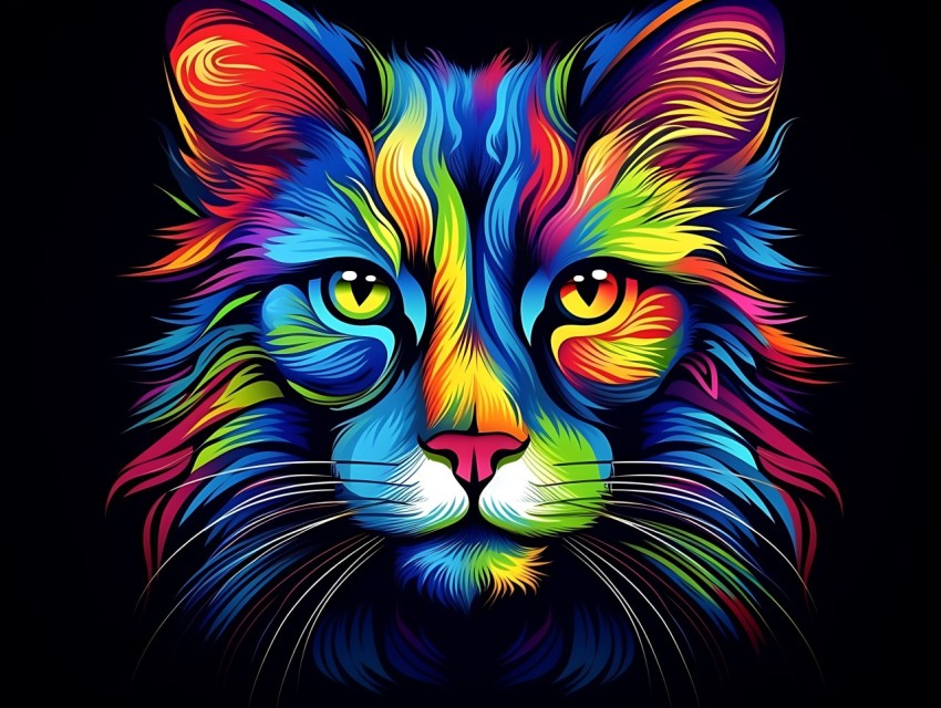 Colorful Cat Face Head Vivid Colors Pop Art Vector Illustrations Black Background (611)