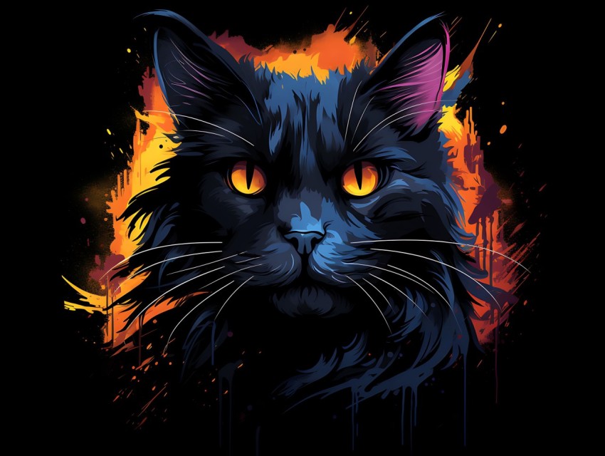 Colorful Cat Face Head Vivid Colors Pop Art Vector Illustrations Black Background (674)