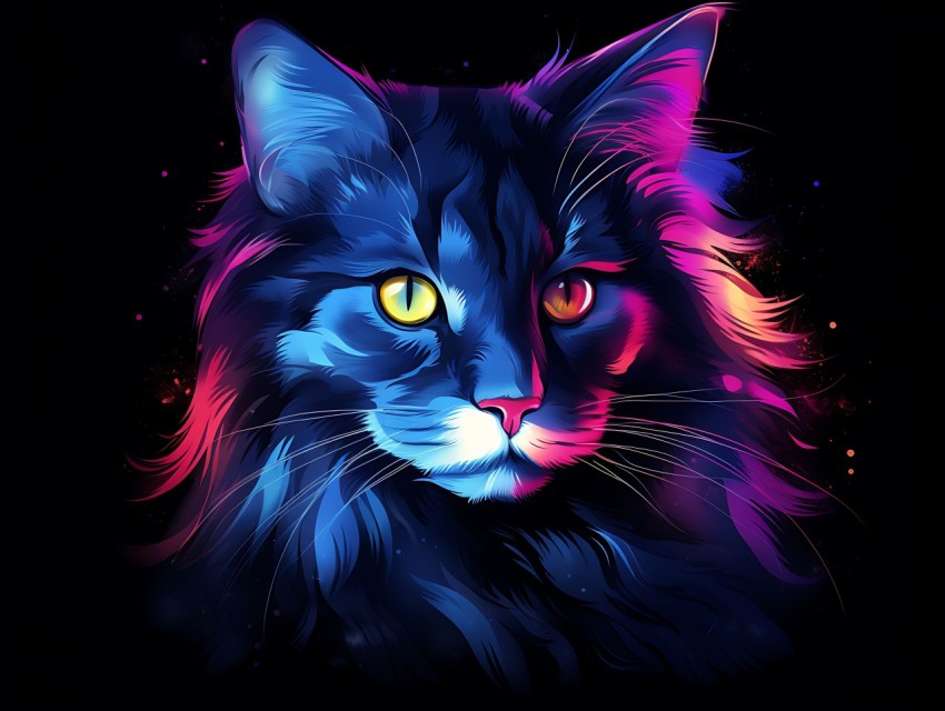 Colorful Cat Face Head Vivid Colors Pop Art Vector Illustrations Black Background (657)