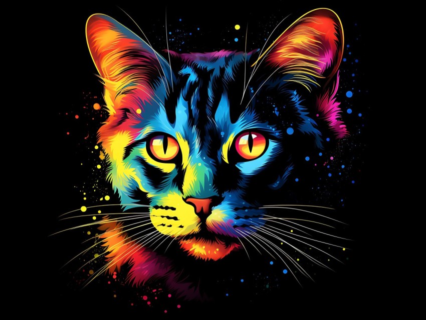 Colorful Cat Face Head Vivid Colors Pop Art Vector Illustrations Black Background (686)