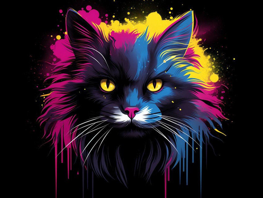 Colorful Cat Face Head Vivid Colors Pop Art Vector Illustrations Black Background (659)