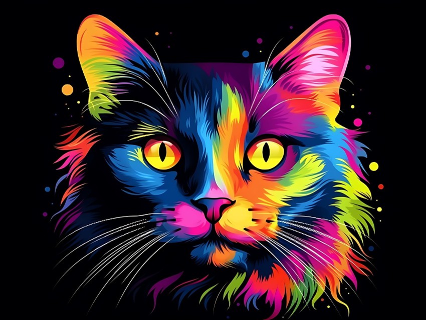 Colorful Cat Face Head Vivid Colors Pop Art Vector Illustrations Black Background (680)