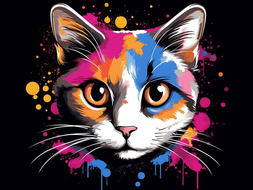 Colorful Cat Face Head Vivid Colors Pop Art Vector Illustrations Black Background (698)