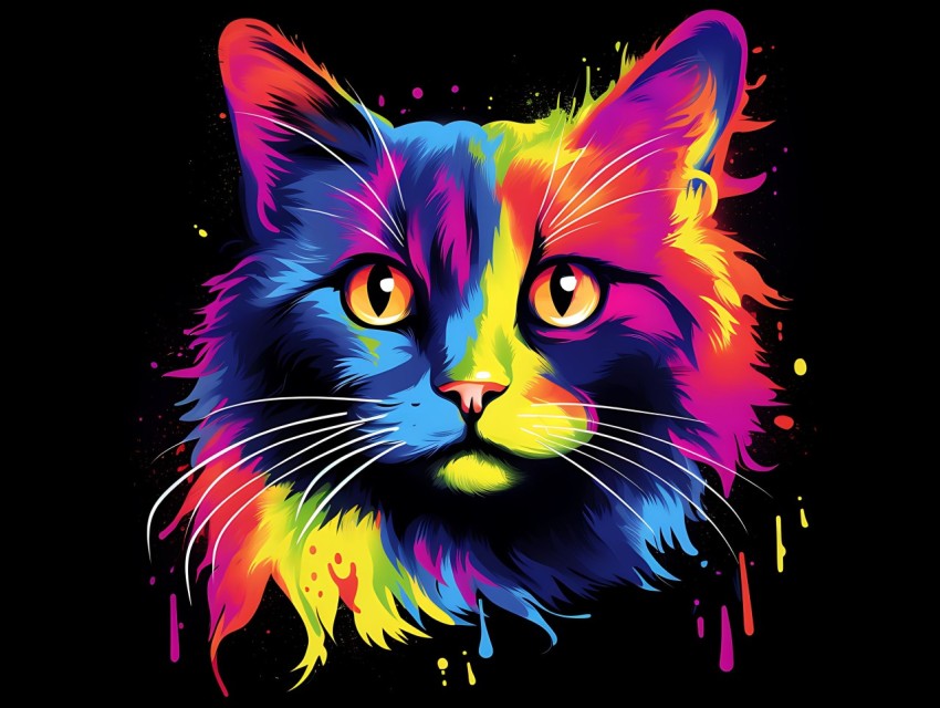 Colorful Cat Face Head Vivid Colors Pop Art Vector Illustrations Black Background (688)