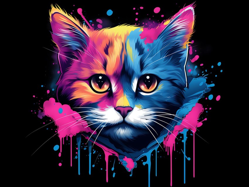 Colorful Cat Face Head Vivid Colors Pop Art Vector Illustrations Black Background (666)