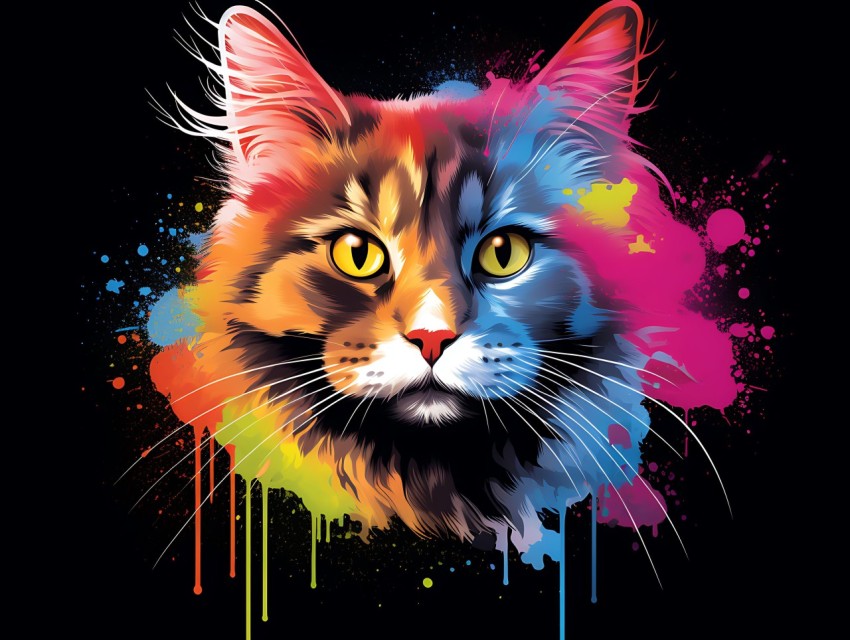 Colorful Cat Face Head Vivid Colors Pop Art Vector Illustrations Black Background (693)