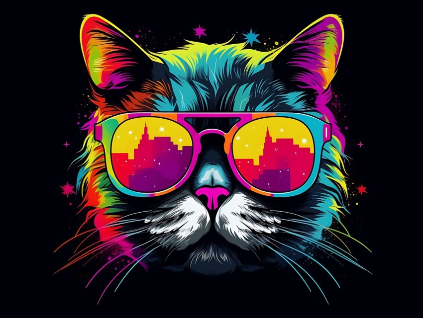 Colorful Cat Face Head Vivid Colors Pop Art Vector Illustrations Black Background (672)