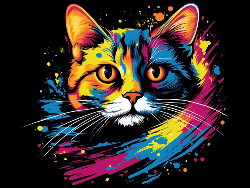 Colorful Cat Face Head Vivid Colors Pop Art Vector Illustrations Black Background (676)