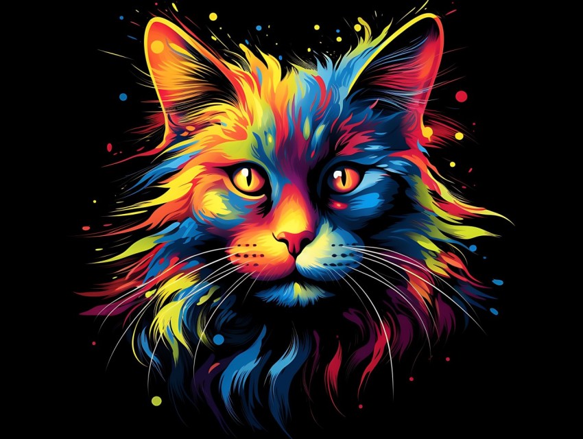 Colorful Cat Face Head Vivid Colors Pop Art Vector Illustrations Black Background (687)