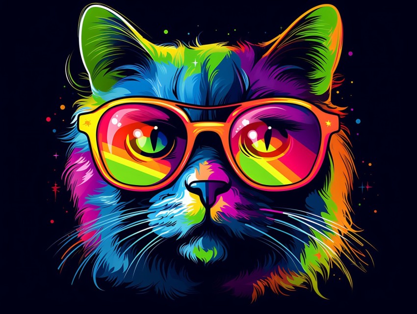 Colorful Cat Face Head Vivid Colors Pop Art Vector Illustrations Black Background (663)