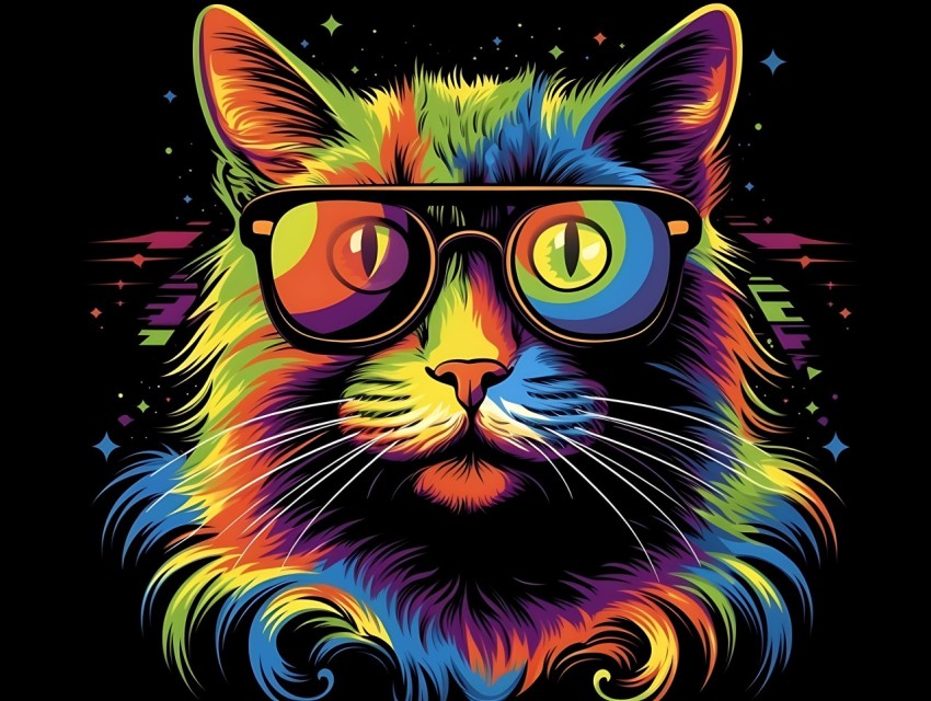 Colorful Cat Face Head Vivid Colors Pop Art Vector Illustrations Black Background (699)
