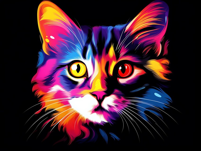 Colorful Cat Face Head Vivid Colors Pop Art Vector Illustrations Black Background (700)