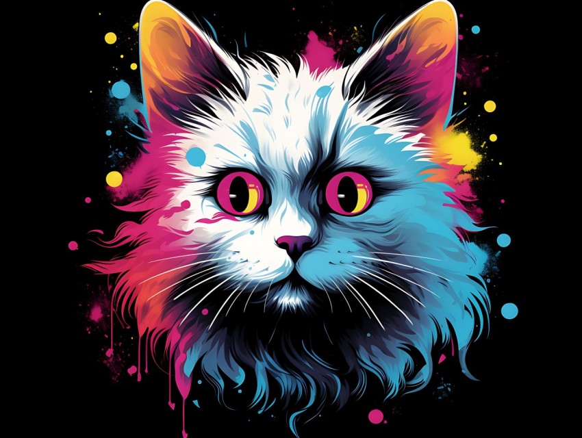 Colorful Cat Face Head Vivid Colors Pop Art Vector Illustrations Black Background (675)