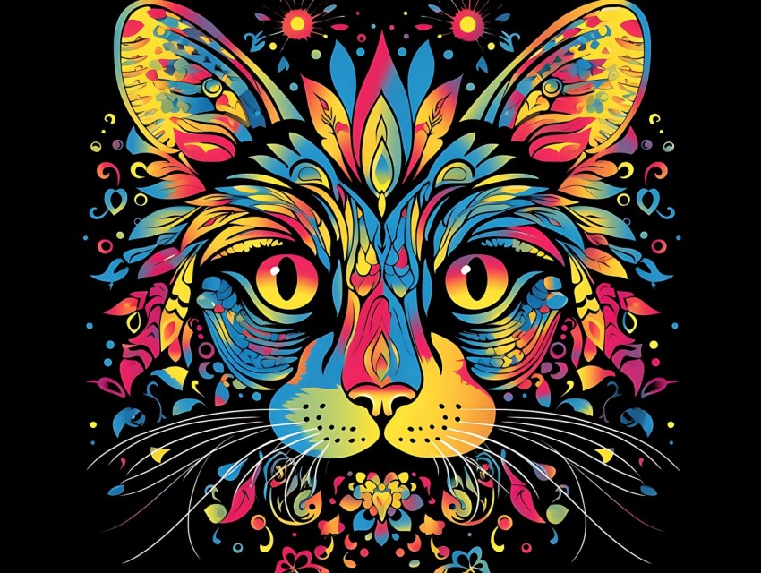 Colorful Cat Face Head Vivid Colors Pop Art Vector Illustrations Black Background (660)