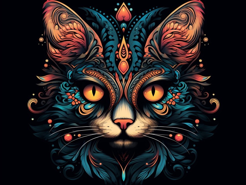 Colorful Cat Face Head Vivid Colors Pop Art Vector Illustrations Black Background (667)
