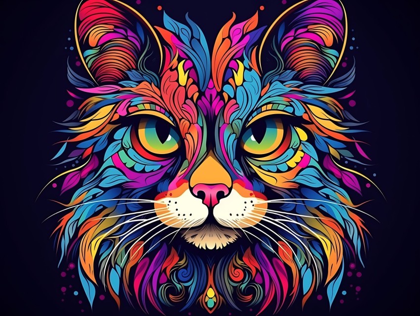 Colorful Cat Face Head Vivid Colors Pop Art Vector Illustrations Black Background (685)
