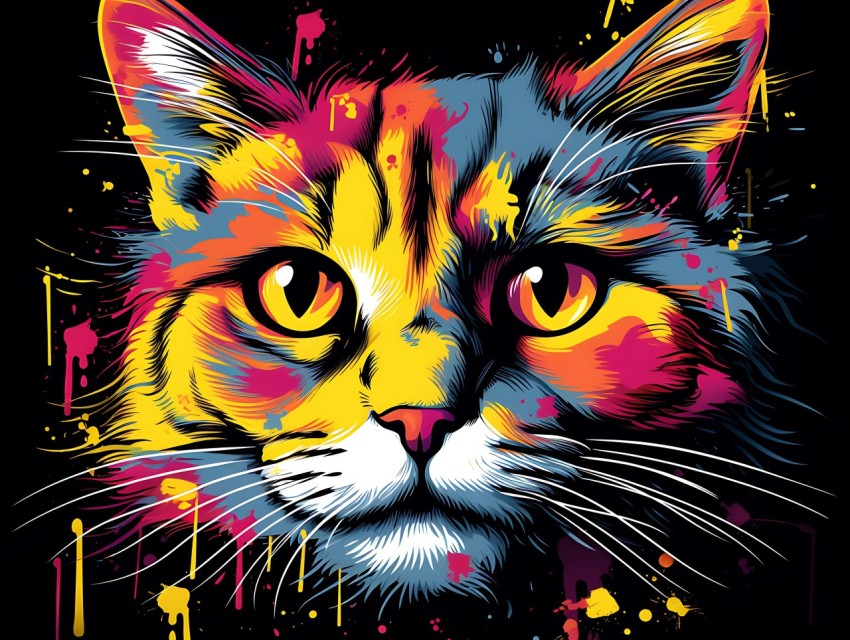 Colorful Cat Face Head Vivid Colors Pop Art Vector Illustrations Black Background (695)