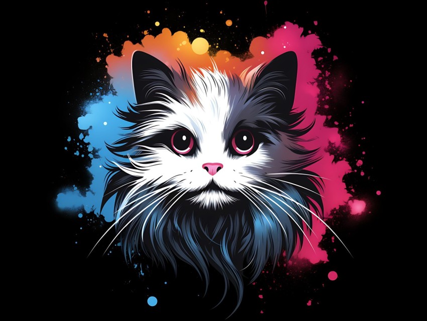 Colorful Cat Face Head Vivid Colors Pop Art Vector Illustrations Black Background (744)