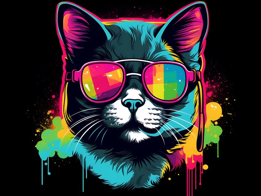 Colorful Cat Face Head Vivid Colors Pop Art Vector Illustrations Black Background (705)