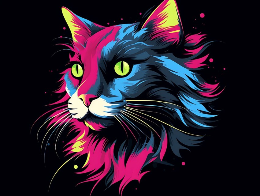 Colorful Cat Face Head Vivid Colors Pop Art Vector Illustrations Black Background (733)